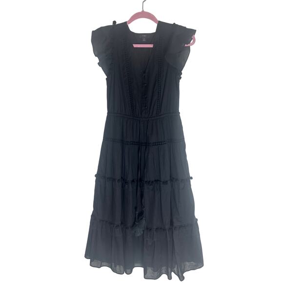 J.Crew Re-Imagined Women's Black Ruffle Tiered Midi Dress Cotton Blend - Picture 5 of 15